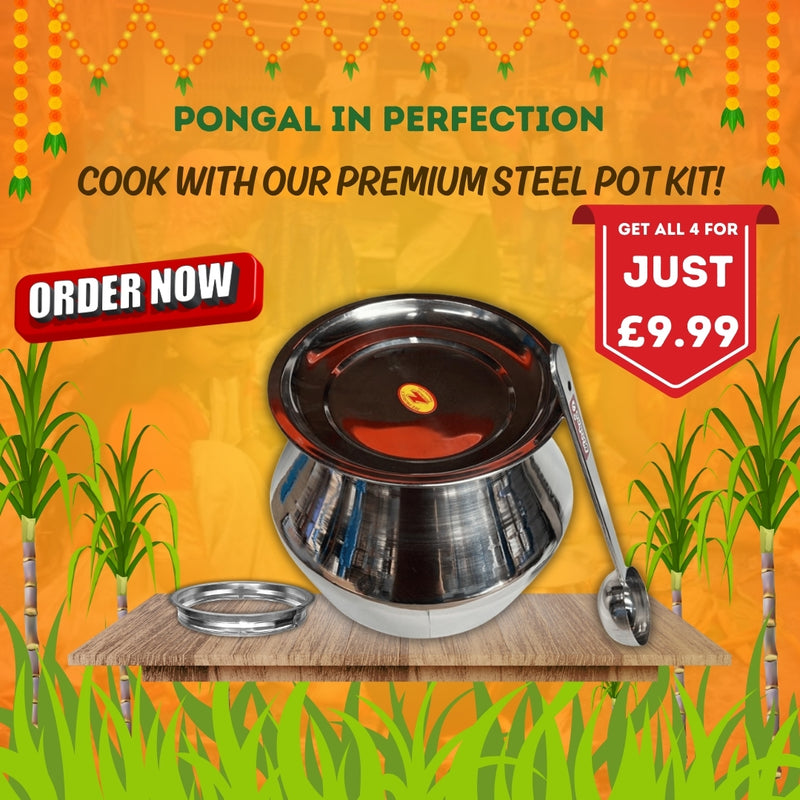 STAINLESS STEEL PONGAL POT WITH LID - RING - LADDLE SPOON