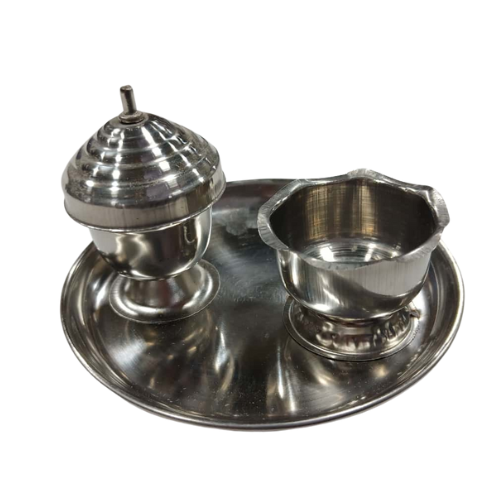 Silver Kumkum Simizh & Chandan Cup With Plate